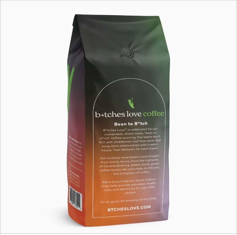 Medium Roast Coffee Bag back. Bean-to-Bitch description. Fair-trade. Straight from farm.